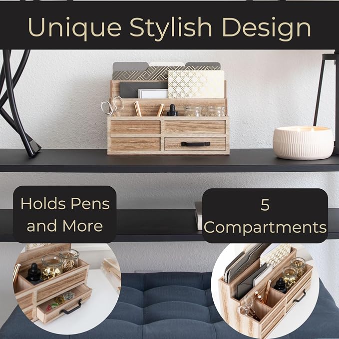 BLU MONACO | Natural Wood Mail Organizer with Drawer &amp Pen Holder | Rustic Desk Organizer for Bills Letters &amp Countertop Storage | Wooden Desktop Mail Sorter for Home &amp Kitchen