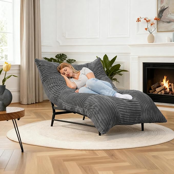 Modern Accent Chair Giant Bean Bag Lounge Chairs with Sturdy Metal Frame &amp Washable Cover Comfy Upholstered Chair for Reading Room Bedroom Grey