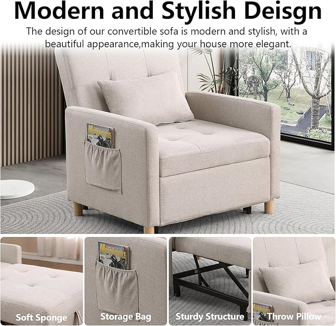 Sleeper Chair Bed Convertible Chair Bed Sleeper Pull Out Sofa Bed with Adjustable Backrest Linen Fabric Convertible Chair to Bed with Side Pocket for Living Room Apartment-Beige