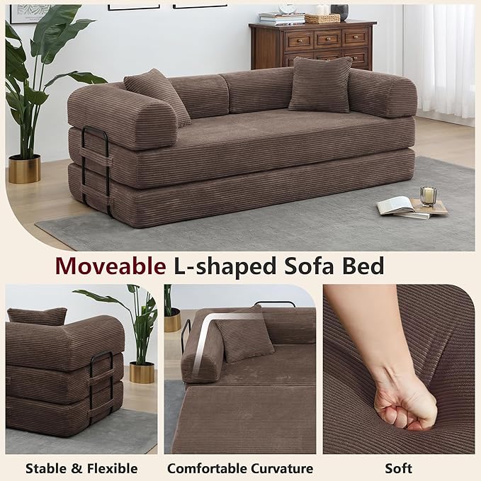 JJJ 78 inch Sofa Bed 4-in-1 Boneless Convertible Corduroy Sleeper Folding Couch with Fixed-Shape Frame and 2 Futons No Assemble Required 3 Seater Upholstered for Living Room (Brown 78 inch)