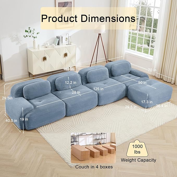 153 Foam Compressed Cloud Sofa28 Feep Seat Pet-Friendly Corduroy Oversize Sectional Couch with Movable Ottoman 4 Seater Modular Cloud Couch for Living Rooms Apartments Leisure RoomsBlue