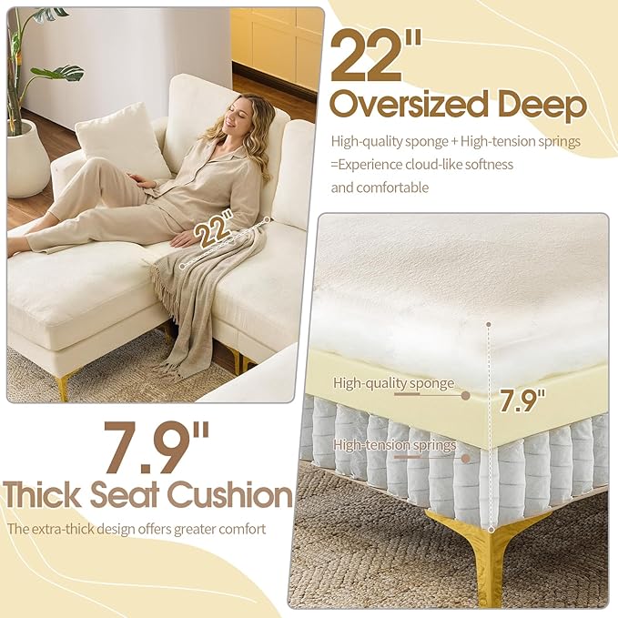 VINGLI 100 W U Shaped Couch with Ottoman 22 Deep Seat Comfortable Sectional Couches for Living Room 3 Seater Chenille Fabric Cloud Sofa for Apartment Small Spaces Bedroom Beige