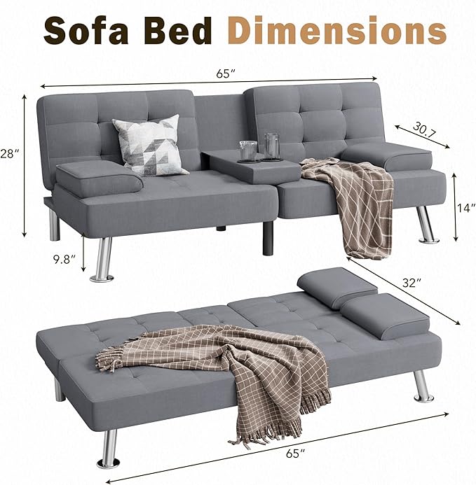 Shahoo Modern Linen Upholstered Convertible Folding Futon Sofa Bed with Removable Armrests Metal Legs 2 Cup Holders for Living Room Light Grey