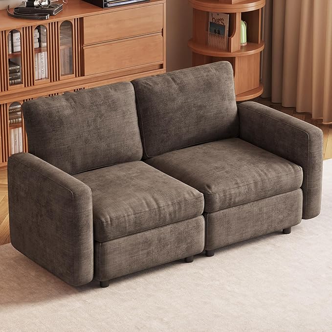Loveseat Modular Sectional Sofa 2 Seat Sofa Modern Sectional Couches with Deep Seats for Living Room Upholstered Couch with Soft Backrest 63.38 L Brown (No Ottoman)