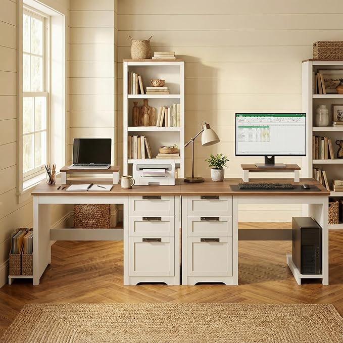 Farmhouse 47.2” Computer Desk with Adjustable File Drawer 3 Drawers Reversible Executive Desk with PC Case Stand &amp Movable Monitor Stand  Workstation for Home Office Writing Study(Unique Whit