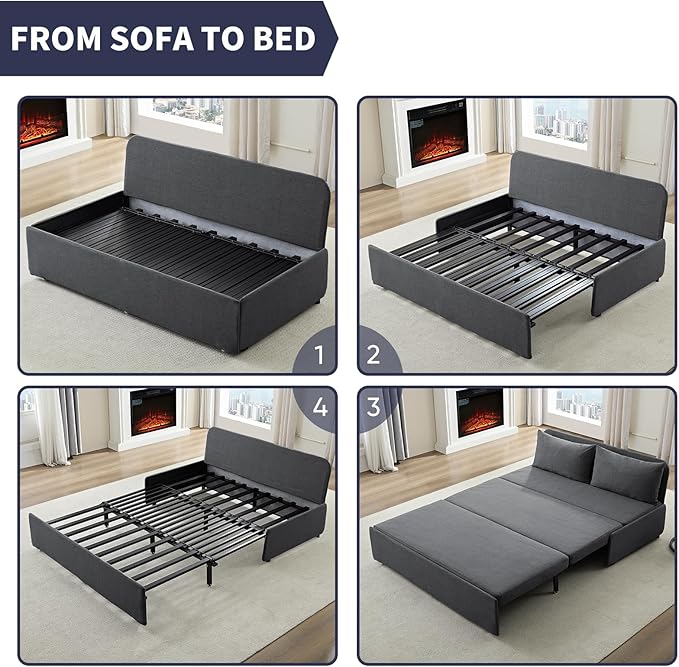 2 in 1 Pull Out Sofa Bed Queen Size Small Convertible Sleeper Sofa Couch Linen Folding Guest Bed with Wheels and Cushions Pillow Futon Sofas Couch Beds for Bedroom Office Lounge - Dark Grey