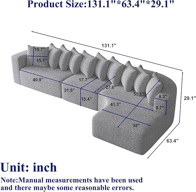 KEIKI 131.1 Curved Sectional Sofa Set Oversized Cloud Couch with 10 Pillows Deep Seat Right Facing Sofa for Living Room Guest Bedroom No Assembly Required Light Khaki
