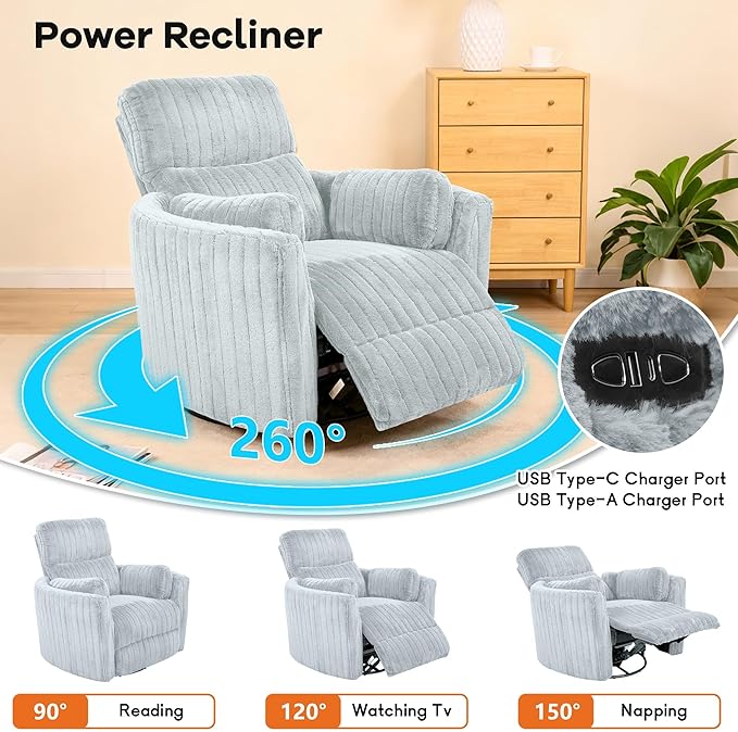leovanni Power Swivel Rocker Recliner Chair Chenille Upholstered Nursery Glider Rocking Chair with 2 Pillows USB Ports Electric Nursing Reclining Chairs Bedroom Living Room Sky Blue