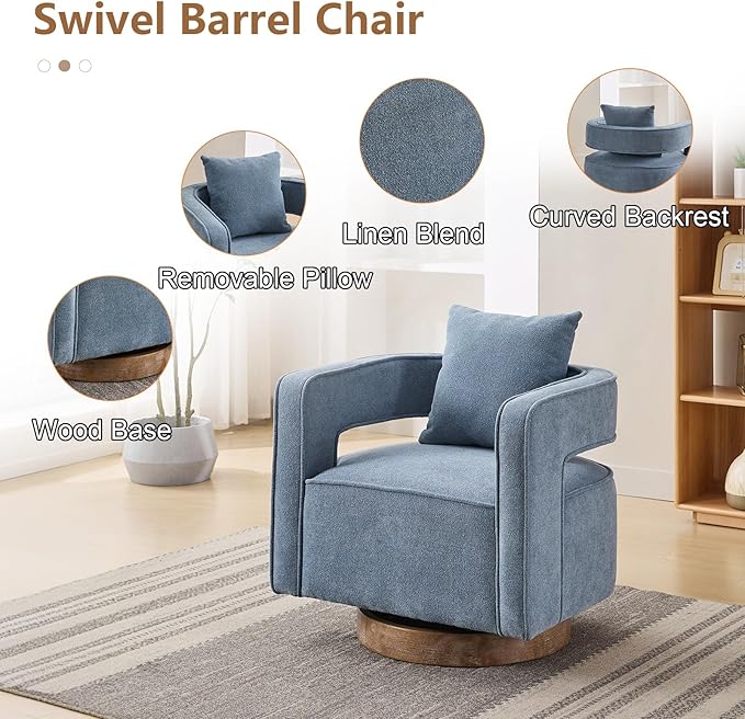 Swivel Accent Chairs for Living Room Upholstered 360° Round Barrel Arm Chair with Open Back &amp Wood Base Comfy Linen Blend Square Single Club Chair for Bedroom Office Hotel Reception (Blue)