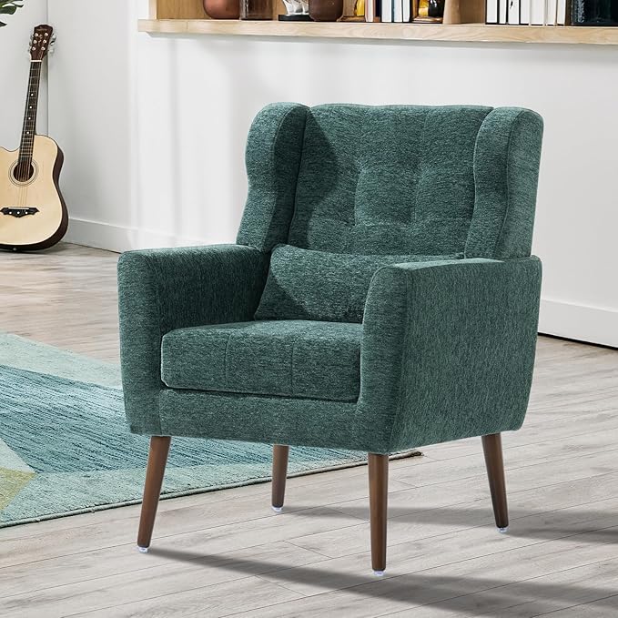 Modern Accent Chair Upholstered Armchair with Pillow Fabric Single Sofa Chair with Lounge Seat and Wood Legs Accent Chair for Living Room Bedroom Small Spaces (Blackish Green)