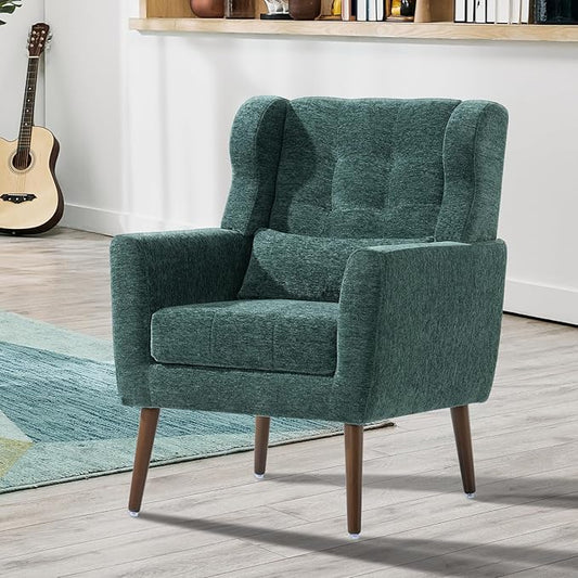 Modern Accent Chair Upholstered Armchair with Pillow Fabric Single Sofa Chair with Lounge Seat and Wood Legs Accent Chair for Living Room Bedroom Small Spaces (Blackish Green)