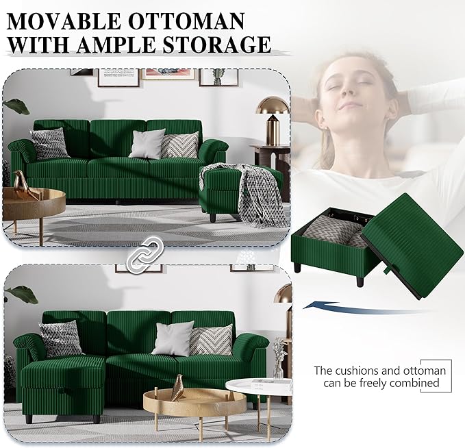 Meilocar Sectional Sofa Couch for Living Room 79 Sectional Couch with Storage Ottoman L Shaped Couches with Armrests Side Storage Pockage 3-Seat Sofa Couches for Living Room Apartment Green