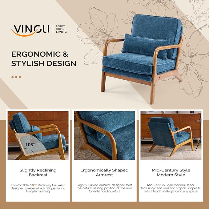 VINGLI Chenille Mid-Century Modern Accent Chair Set of 2 Cute Reading Arm Chair with Cushion &amp Lumbar Pillow &amp Solid Wood Frame for Lounge Living Room Reading Room Bedroom Blue