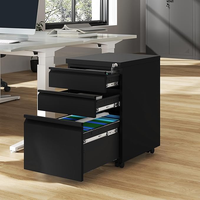 DWVO 3-Drawer Mobile File Cabinet Pre-Assembled Metal Filing Cabinet for Legal/Letter Size Lockable Office Storage with 6 Casters Black