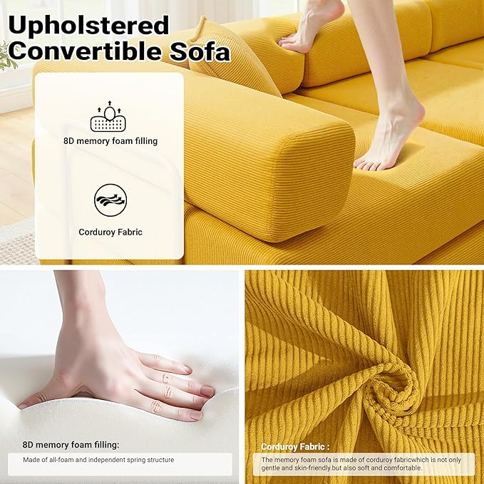 108'' Modular Sectional Sofa Bed Convertible Folding Sofa Bed With Removable Backres Boneless Cloud Couch with Deep Seat Modern Fold-Out Futon Couch Bed for Living Room No Assembly RequiredYellow
