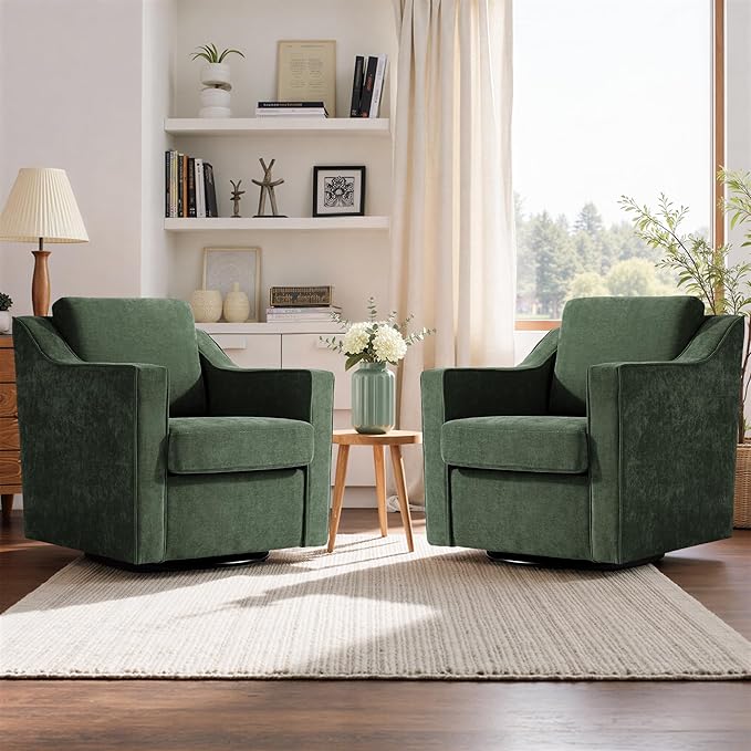 Swivel Accent Chair Modern Round Barrel Arm Chair for Living Room Bedroom Comfy Club Reading Chairs for Adults (Chenille Green Set of 2)