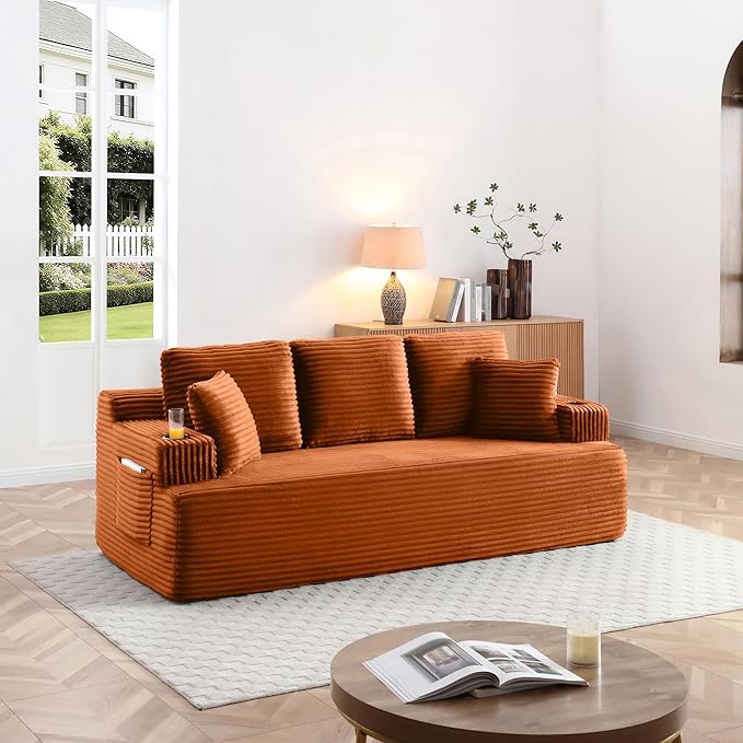 86 Small Cloud Loveseat Sofa in a Box Comfy Corduroy 2-Seater Boneless Couch Modern Deep Seat Sofa for Small Spaces Living Room &amp Apartment No Assembly Required (Orange 86 inch) | Memory Foa