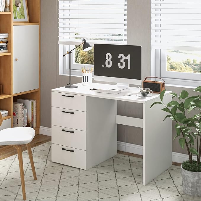 White Desk with Drawers Home Office Desk with 4 Storage Drawers Modern Vanity for Bedroom Teen Writing Study Table Wood Computer Workstation for Study Room 43.5×23.5×30 (L×W×H)