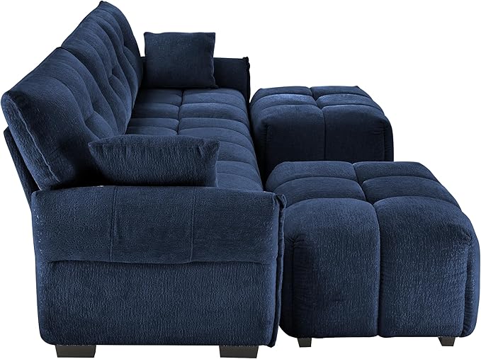 Aoowow Modular Sectional Sofa with Movable Ottoman 110.2” Chenille U Shaped Sofa Couch Upholstered Comfy 3-Seater Couches with Pillows for Living Room Apartment OfficeBlue
