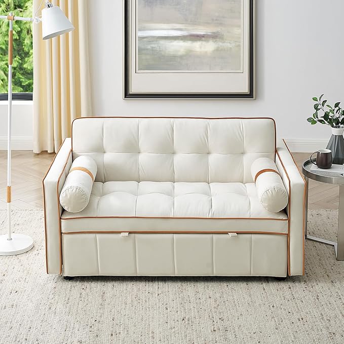 3-in-1 Convertible Sleeper Sofa Bed55.5 Modern Velvet Tufted Pull Out Couch BedFuton Small Love Seat Sofa with Adjustable Backrest&ampCylinder Pillows for Living RoomBedroomApartment(Beige)
