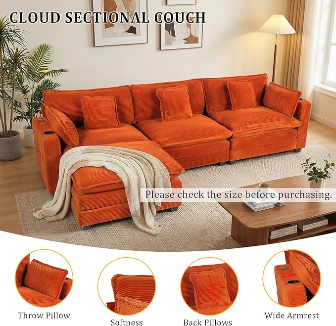 Gexpusm Modular Sectional Sofa99 Couches for Living RoomCorduroy Sofa with Ottoman &amp PillowCloud Sectional Couch with Cup Holders &amp USBSide Pockets3-Seat Corduroy Boneless Chair Indoor (