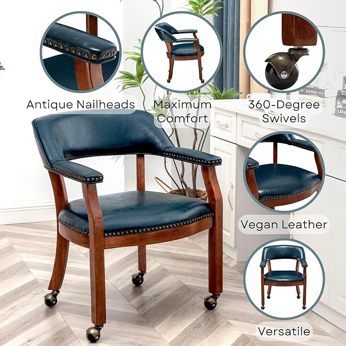 Convenience Concepts Take a Seat Dillon Armchair with Wheels in Blue Vegan Leather Fabric and Wood