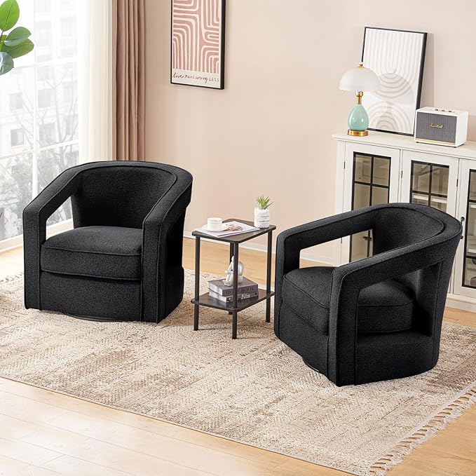 Furniliving Chenille Swivel Accent Chair for Living Room Upholstered Barrel Chair with Curved Back Comfortable Reading Chair for Bedroom Balcany Home Office Black Set of 2