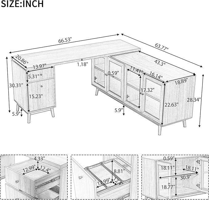 66.5 Modern L-Shaped Executive Desk with Delicate Tempered Glass Cabinet StorageLarge Office Desk with DrawersBusiness Furniture Desk Workstation for Home Office
