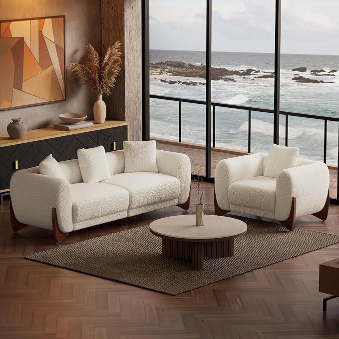 Morden Fort Boucle Armchair Modern Upholstered Sofa Chair Wooden Leg with Durable Comfy Boucle Pet-Friendly 25'' Deep Seat &amp Pillow Couch Accent Chairs for Living Room Bedroom Reading Beige