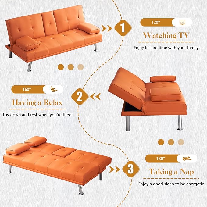 Modern Futon Sofa Bed 67 Inch Leather Convertible Futon Couch Loveseat Sleeper for Small SpacesComfy Folding Recliner Couches for Living Room Adjustable Backrest2 Cup HoldersMetal Legs (ORANGE)