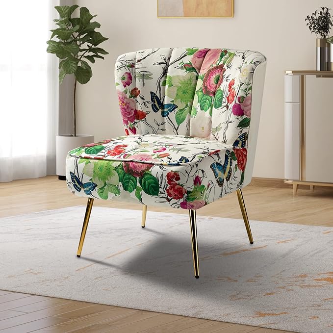 TINA'S HOME Armless Accent Chair with Gold Metal Legs Comfy Tufted Floral Fabric Living Room Chair Wingback Small Side Chair Upholstered Slipper Chair for Bedroom Reading Room (Print Flower IVORY)