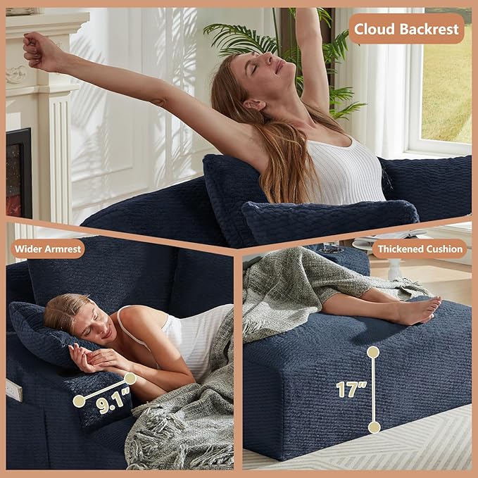 66 Oversized Chaise Lounge Chair Indoor Modern Upholstered Deep Seat Sofa Bed Sleeper Couch Reading Chairs Comfy Corduroy Cloud Sofas Couches for Living Room No Assembly Dark Blue