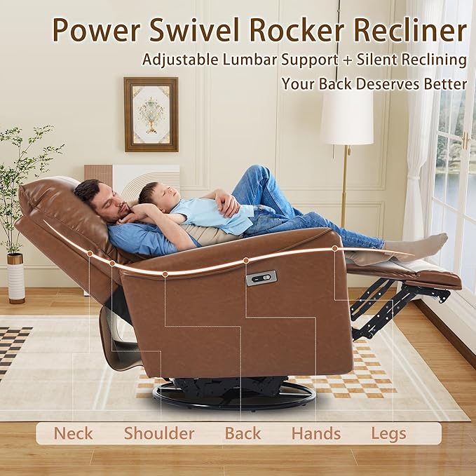 Power Swivel Rocking Recliner Chair for Nursery PU Leather Glider Rocker Recliner for New Parents Modern Small Recliners for Small Spaces/Living Room/RV Brown