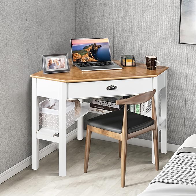 KOTEK Corner Desk with Drawer and Shelves Wooden Home Office Desk Triangle Computer Desk Writing Study Desk Computer Workstation Makeup Vanity Table (Natural &amp White)