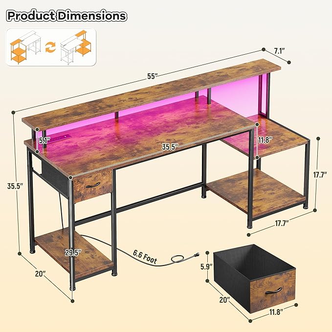 55 Inch Computer Desk with DrawerOffice Desk with Printer Storage Shelves &amp File CabinetGaming Desk with LED &amp Power OutletStudy Table with Monitor Shelf for Home Office Dorm BedRoom Rustic