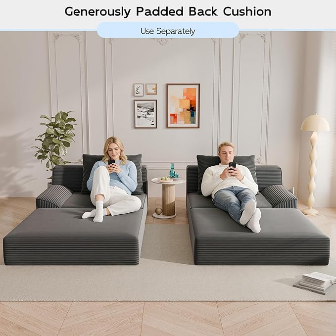 79 Convertible Sofa Bed Upholstered Boneless Couch Loveseat Sleeper with Pull Out Bed Corduroy Futon Couch Floor Folding Sofa Modular Futon Couch for Living Room Bedroom Lounge Grey