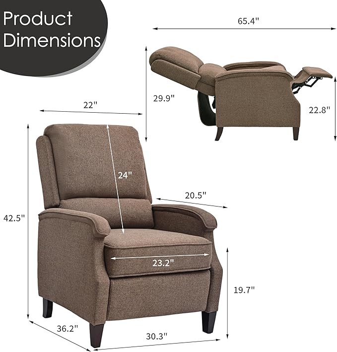 VKNOW Recliner Chair Fabric Recliner with Soft Armrest Home Theater Seating with Adjustable Push Back and Lumbar Support Single Sofa for Adults Lounge Chair for Living Room Bedroom（Brown）