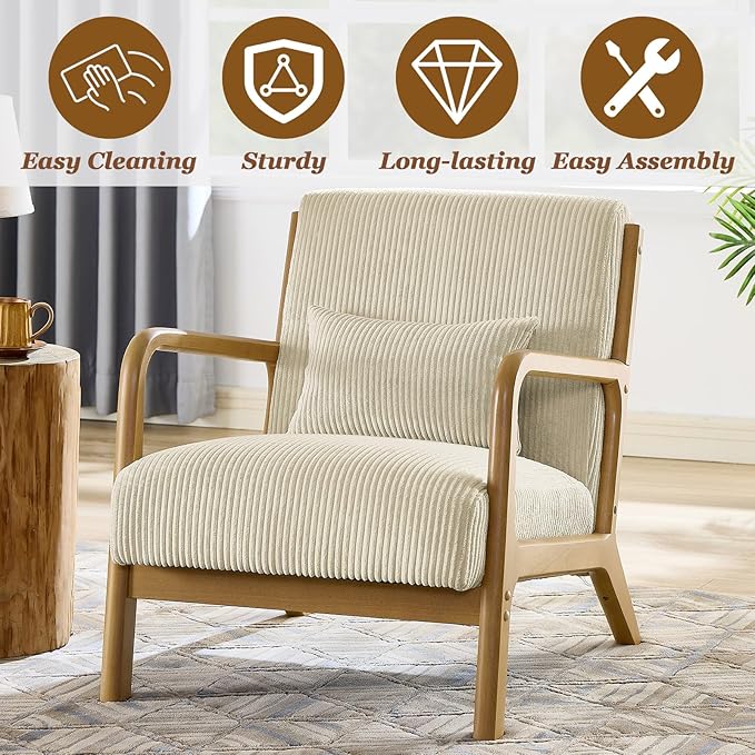 Midcentury Modern ChairWooden Beige Accent Chair with PillowCorduroy Arm Chair for Living RoomBedroomSmall Rooms (Beige)