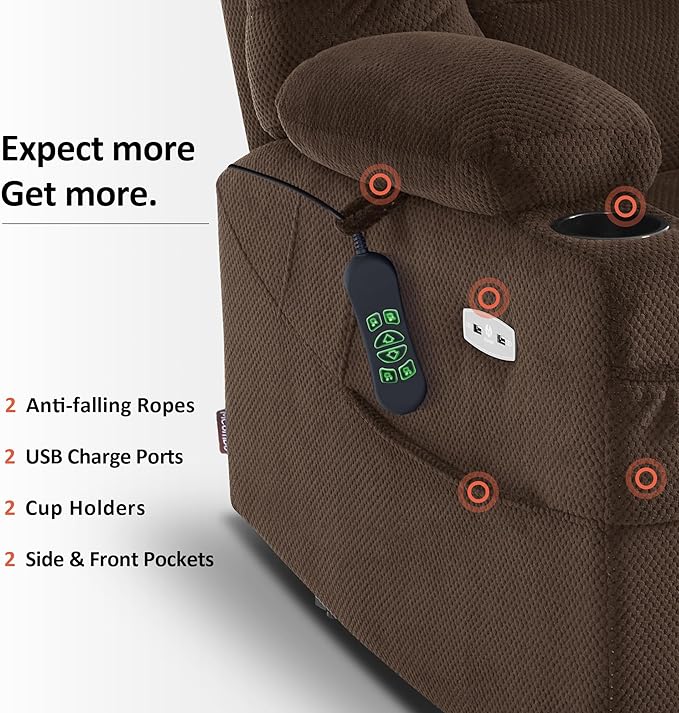 MCombo Small Triple Motor Power Lift Recliner Chair with Massage and Dual Heating Adjustable Headrest for Petite Elderly People Fabric 7631 (Coffee Small)
