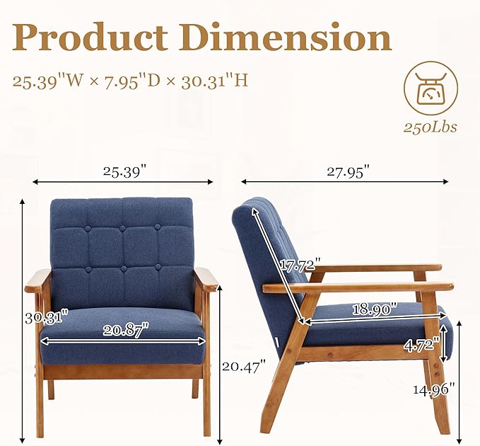 Linen Accent Chair Set of 2 Mid-Century Modern Armchair with Solid Wood Armrests Button-Tufted Comfortable Cushioned Reading Chairs for Living Room Bedroom (Navy