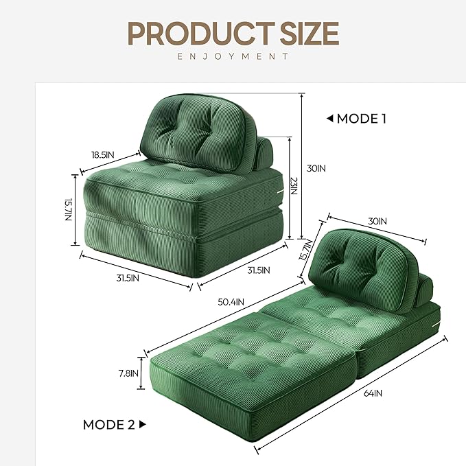 Dowinx Folding Sofa Bed with Pillow Convertible Comfy Couch Bed for Adults Home Lounge and Gaming Modern Comfortable Design for Apartment Living Room Bedroom Single Ribbed Velvet Green
