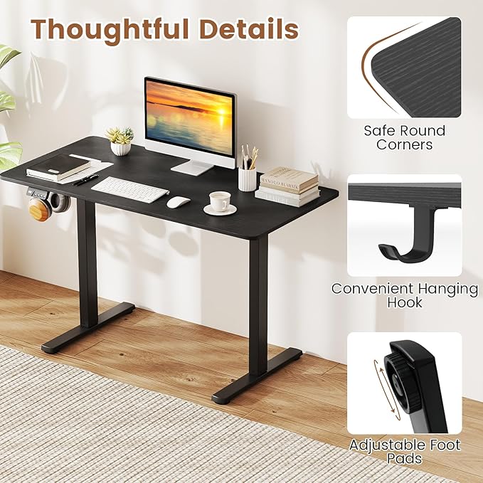 Tangkula 48 x 24 Electric Standing Desk Ergonomic Height Adjustable Sit to Stand Desk with LED Display &amp 2 Memory Height Settings Headphone Hook Home Office Desk (Black)