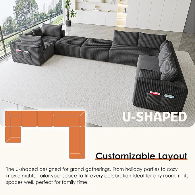 146 Oversized Boneless Couch Modular Sectional Couches for Living Room U-Shaped Deep Seat Chaise with Side Pockets No Assembly Required Plush Corduroy Fabric Sleeper Sofa Dark Gray