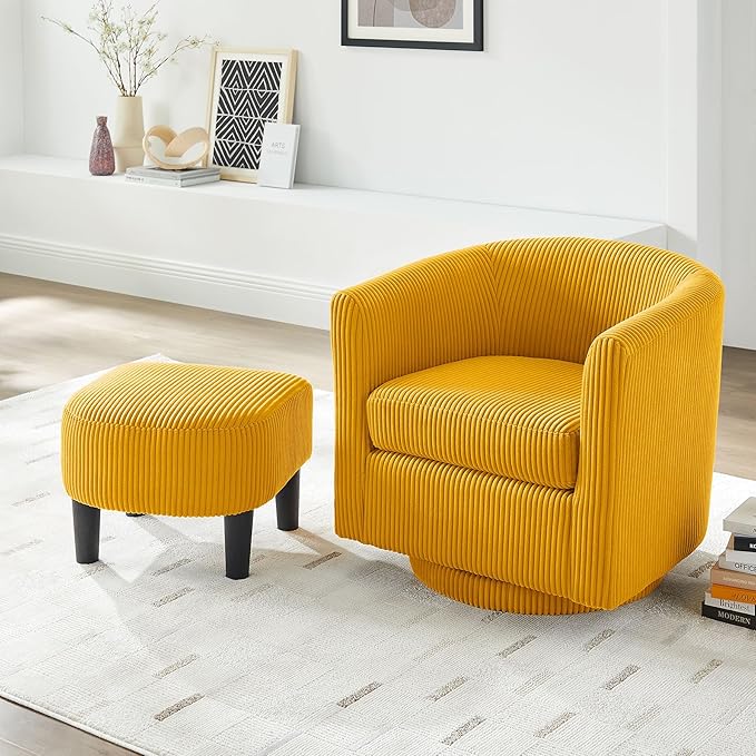 Corduroy Swivel Accent Chair with Ottoman Round Barrel Chair with Armrest Comfy Reading Chair for Living Room Bedroom Office (Yellow)