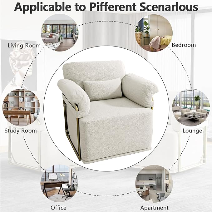Swivel Accent Chairs 360 Swivel arm Chairs for Bedroom Club Chair with Back Gold Frame Tall Base for Office and Living Room (Beige)