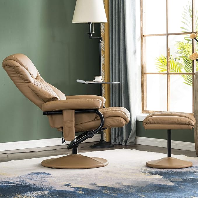 MCombo Recliner with Ottoman Reclining Chair with Massage 360 Swivel Living Room Chair Faux Leather 4901 (Cognac)