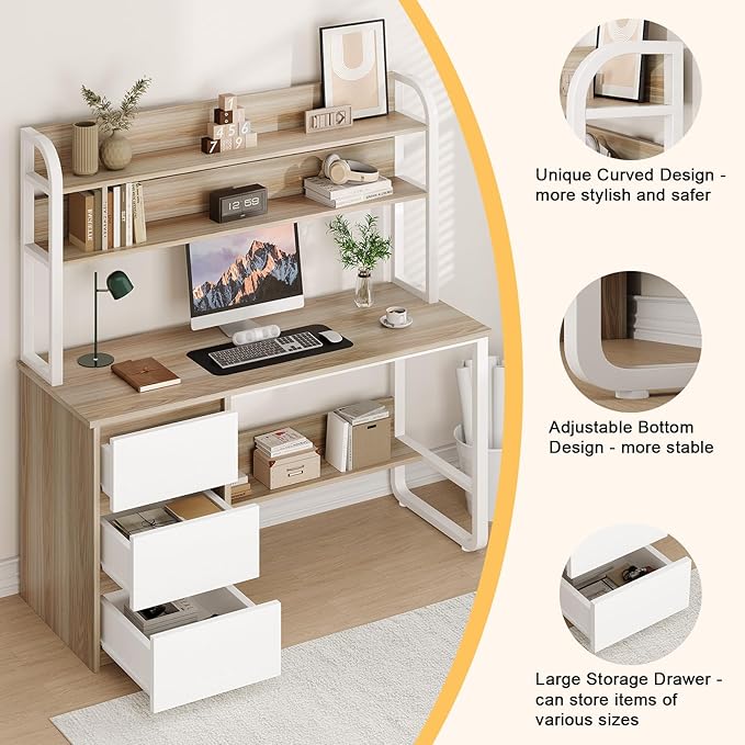 Computer Desk with 3 Drawers and Shelves 55 Inch Desk with Hutch for Small Spaces Study Writing Desk with Shelves for Bedrrom Adjustable Feet Walnut
