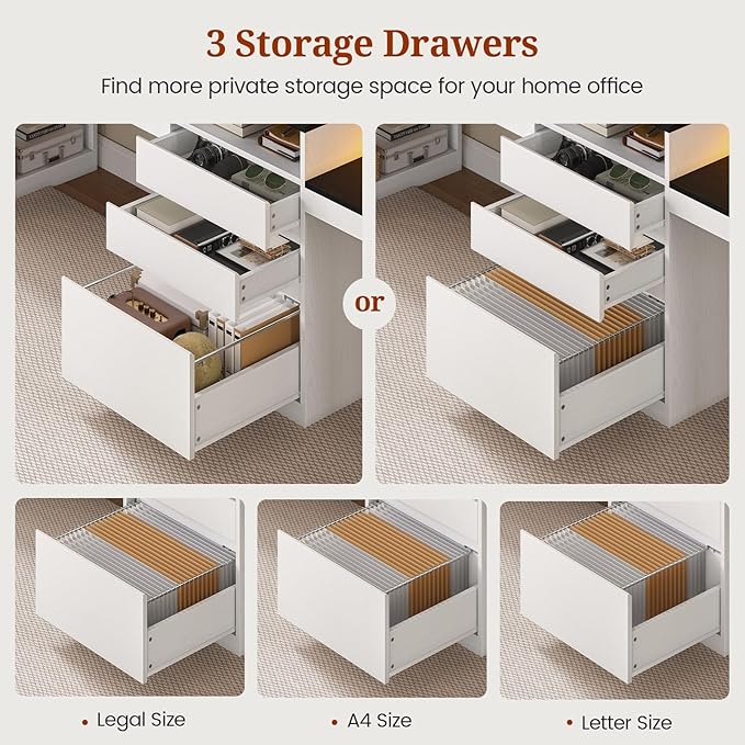96.6 Long Computer Desk 2 Person Desk with LED Lights &amp Power Outlet Modern Two Person Gaming Desk with File Drawers Monitor Stand Printer Shelf ＆ Storage Double Table for Home Office White