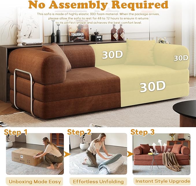 4-in-1 Corduroy Convertible Sleeper Sofa Bed 78.8 Boneless Couch with Pull-Out Bed No Assembly Required Futon Loveseat Floor Mattress with Stainless Fixed-Shape Frame for Living Room (Brown) | Clo