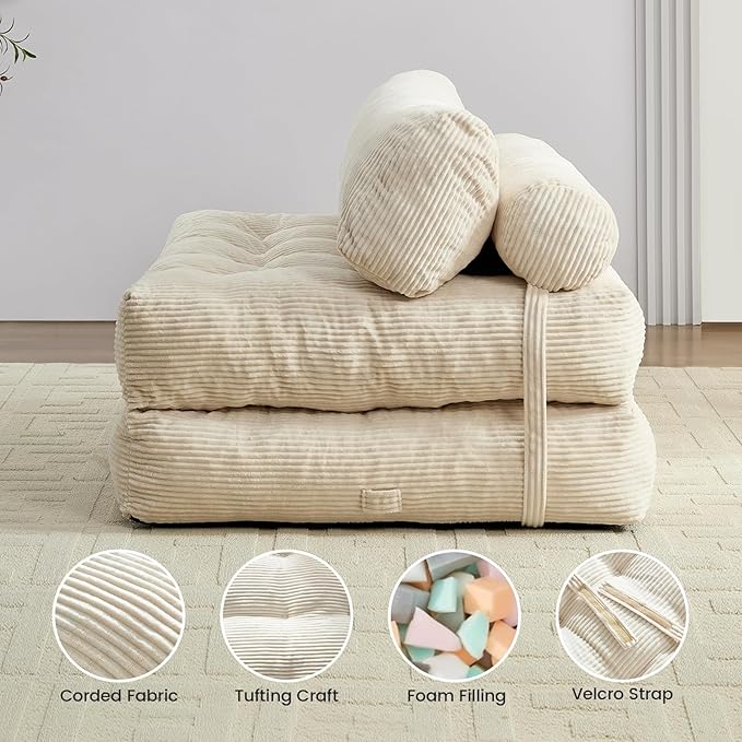 ijuicy 50 W Folding Sofa BedCorduroy Futon Sofa Bed Convertible Sleeper Chair with Pillow Foldable Mattress with Back Support Floor Couch for Adults for Living RoomNo Assembly（Beige/Full）